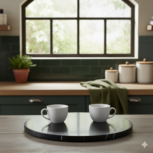 Natural Round Marble Tray Smooth Pastry Board for Cheese, Coffee, Smooth Top 30cm Dia (Black Marqina Marble) Stylish Serving Tray For Kitchen