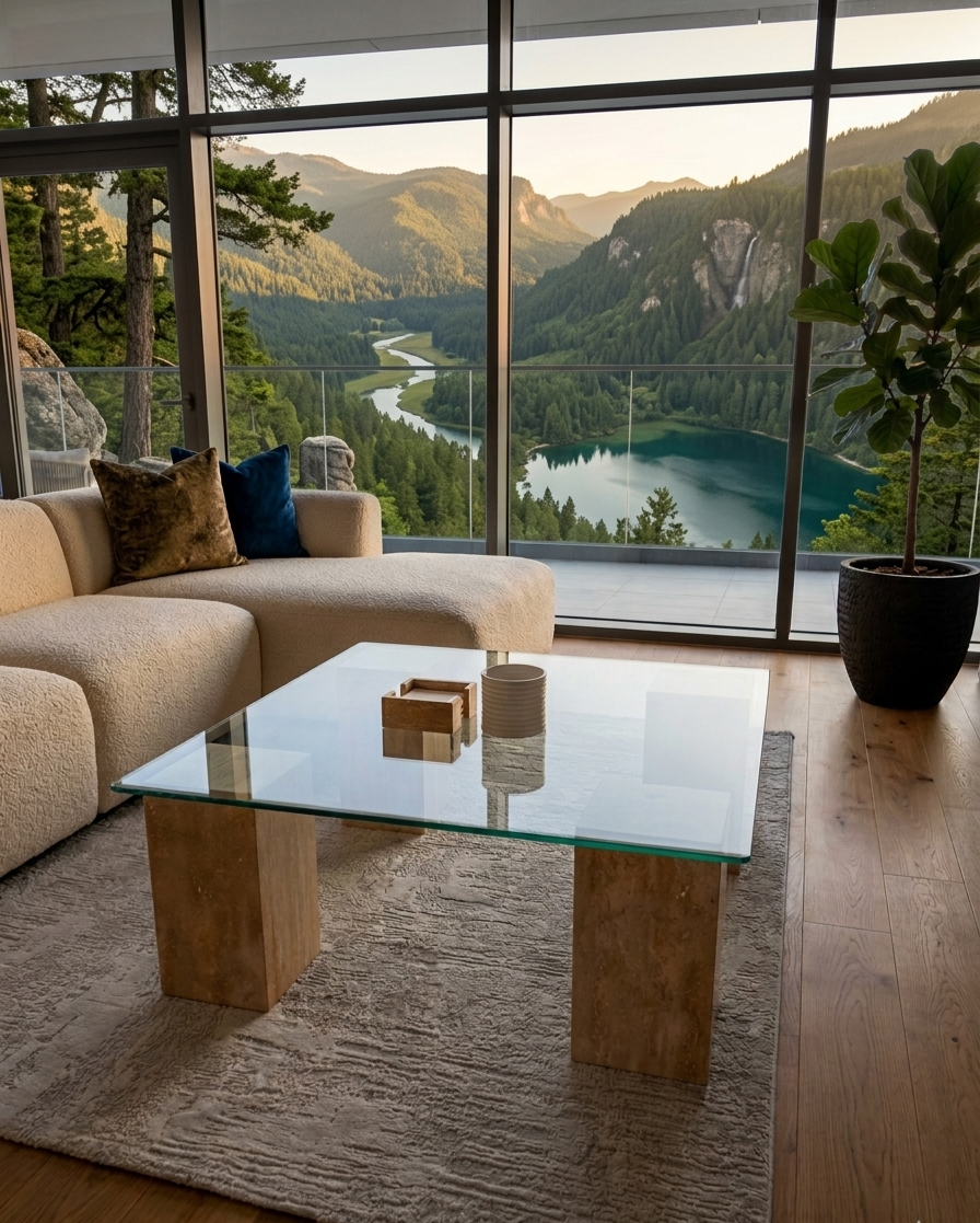 Glass Coffee Table With Travertine Pillars