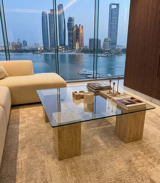 Glass Coffee Table With Travertine Pillars