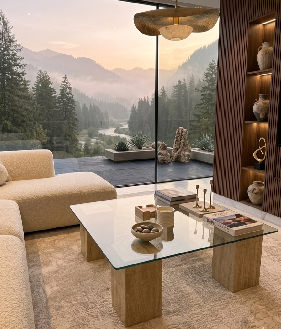 Glass Coffee Table With Travertine Pillars