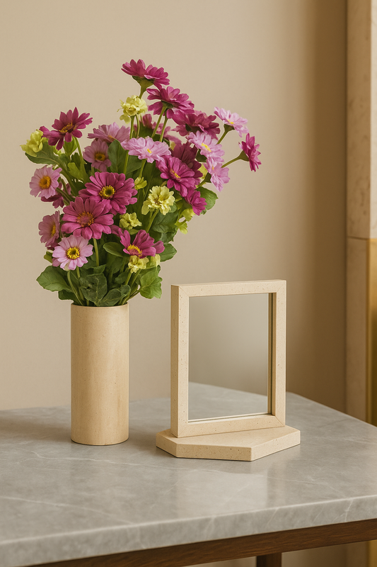 Natural Travertine Mirror & Vase Set