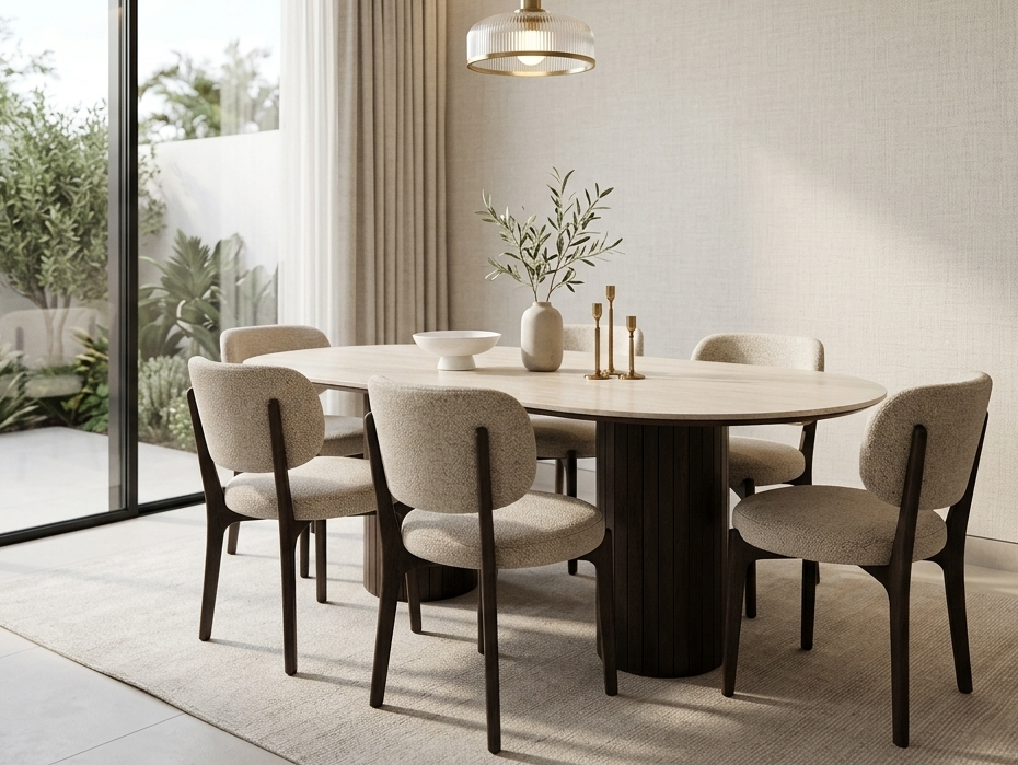 Travertine Porcelain Top Dining Table With Natural Wooden Legs