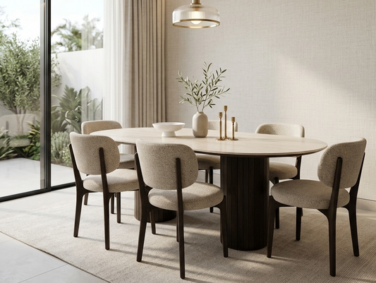 Travertine Porcelain Top Dining Table With Natural Wooden Legs