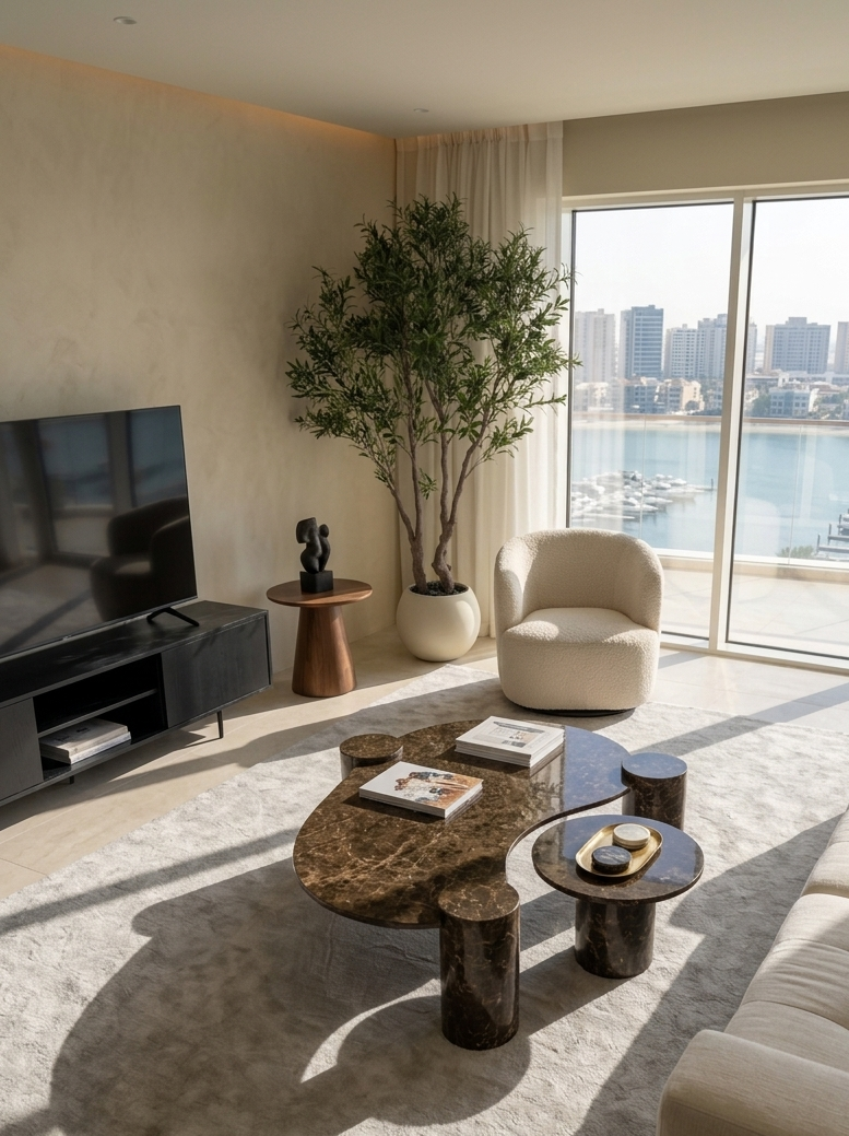 Dark Emprador Marble Coffee Table Along With Side Table