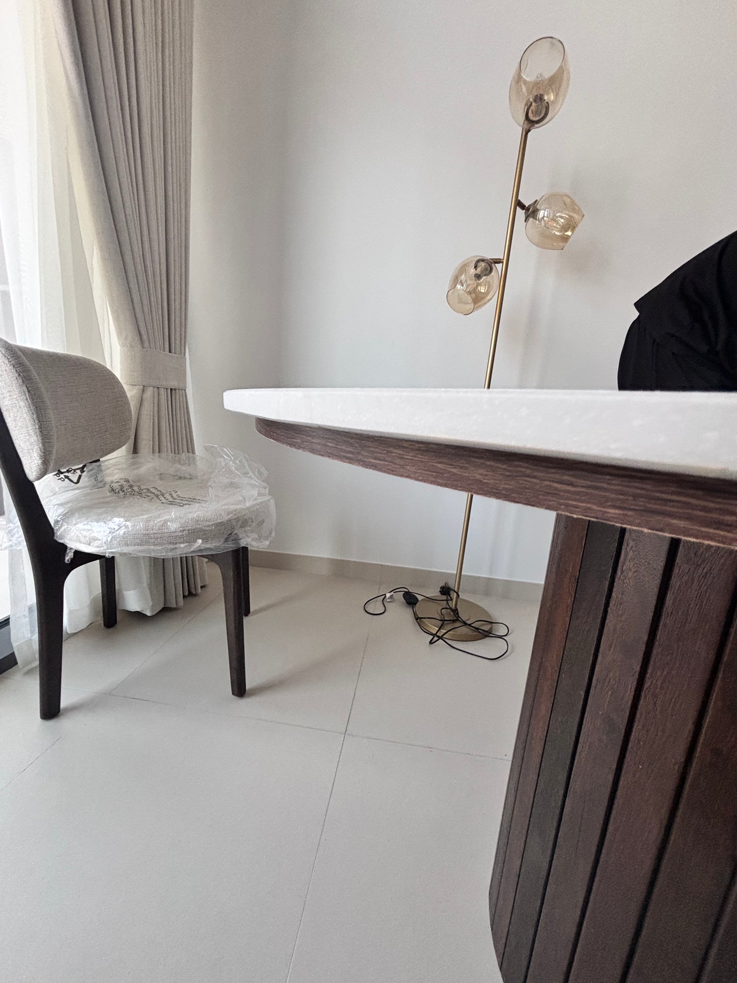 Travertine Porcelain Top Dining Table With Natural Wooden Legs