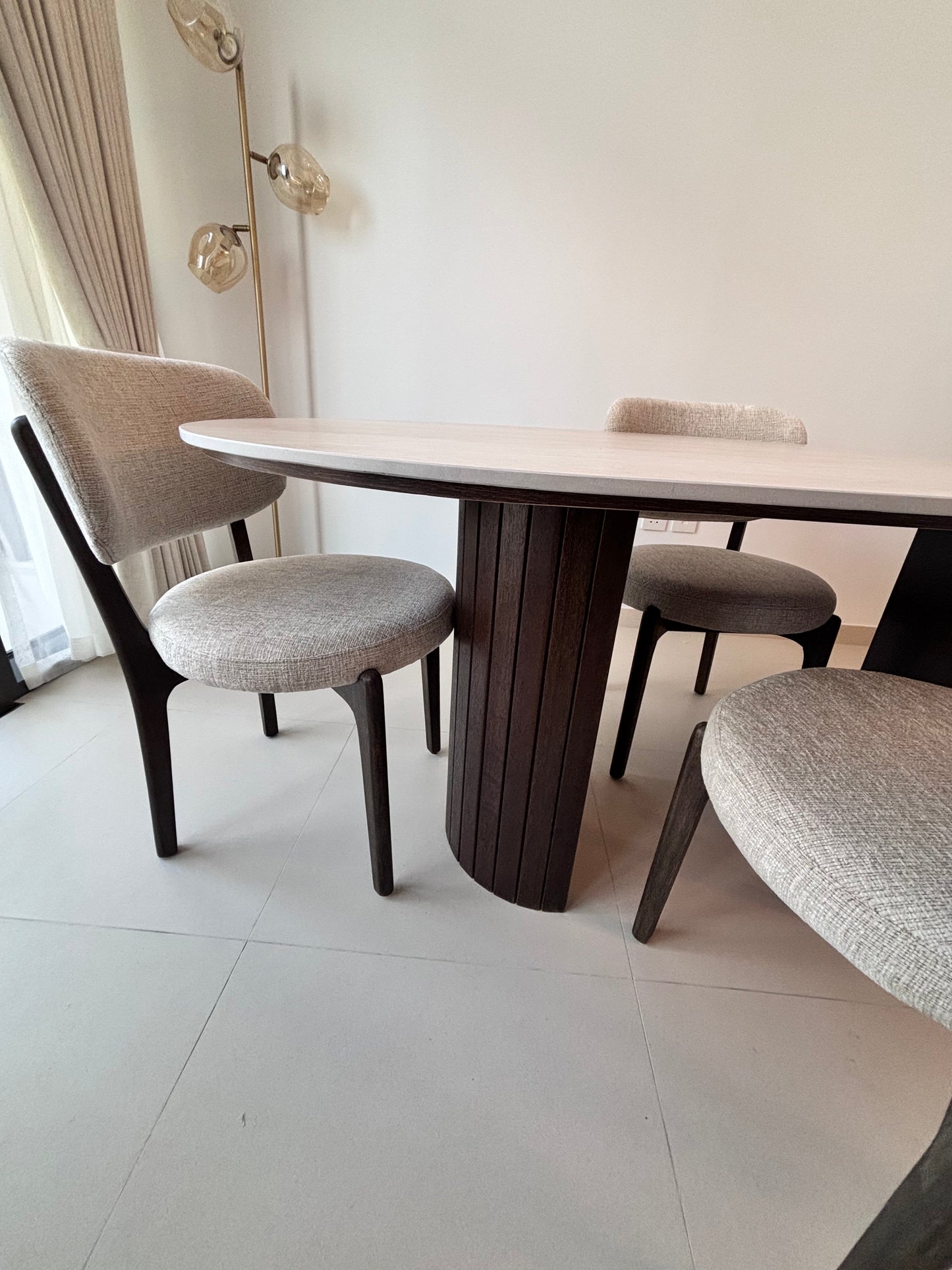 Travertine Porcelain Top Dining Table With Natural Wooden Legs