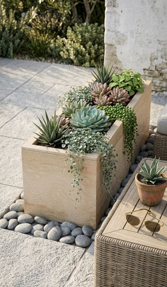 Travertine Beige Rectangle Planter