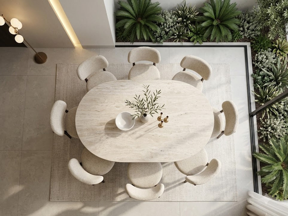 Travertine Porcelain Top Dining Table With Natural Wooden Legs