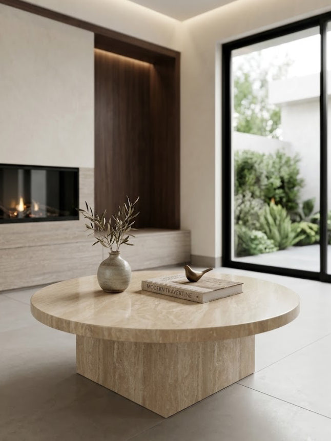 Travertine Round Coffee Table Square Leg