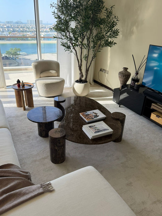Dark Emprador Marble Coffee Table Along With Side Table