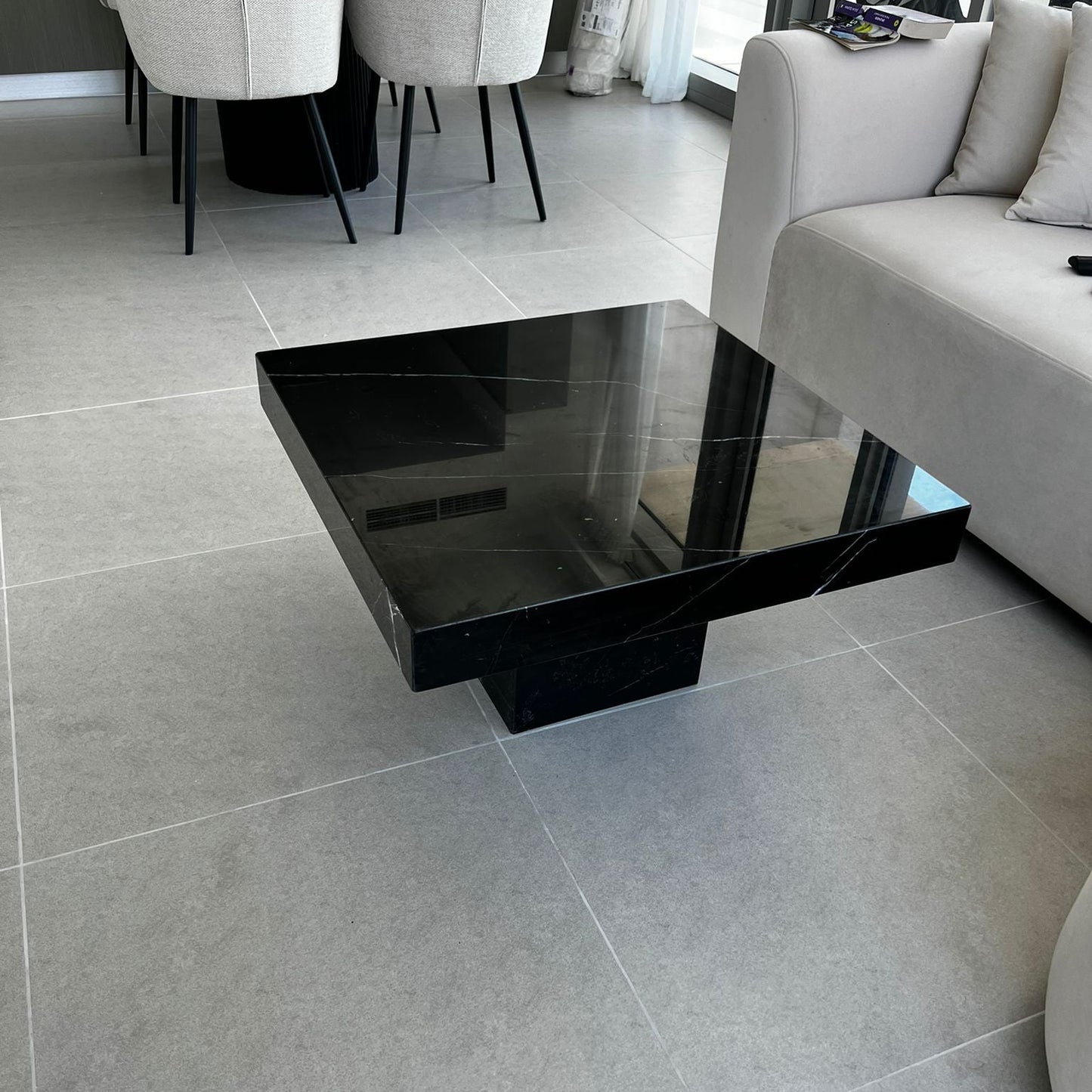Natural Black Marqina Marble Square Coffee Table With Square Leg